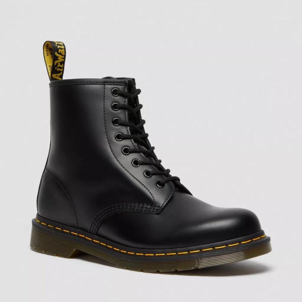 Dr. Martens Black Leather Lace-Up Boots with Yellow Stitching